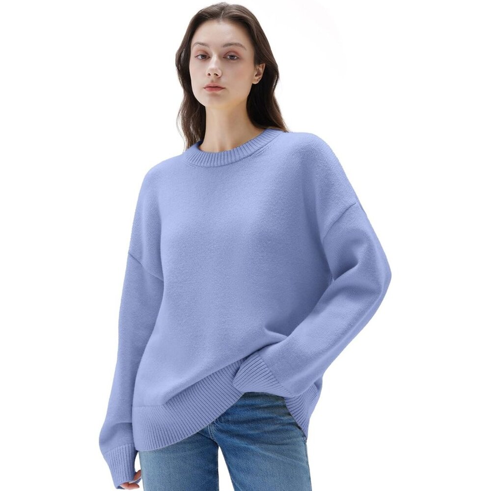 Women Cashmere Blend Oversized Crew Neck Pigeon Blue Soft Warm Pullover Sweater